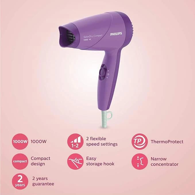 Philips 1000W Compact Hair Dryer-Purple (HP8100/46)