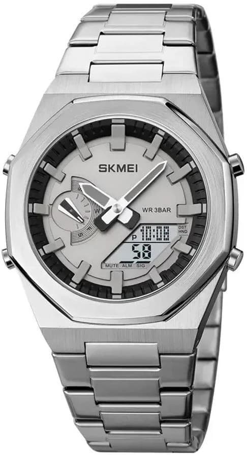 SKMEI 1816 Luxury Quartz Dual Time Stainless Steel Digital LED Watch for Men- Silver