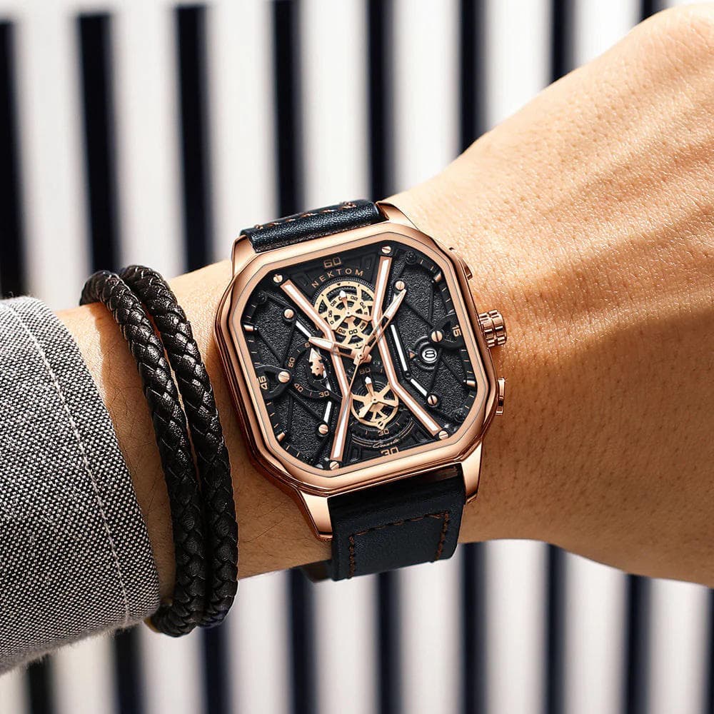 Nektom 8238 Leather Multifunctional Watch for Men - Gold