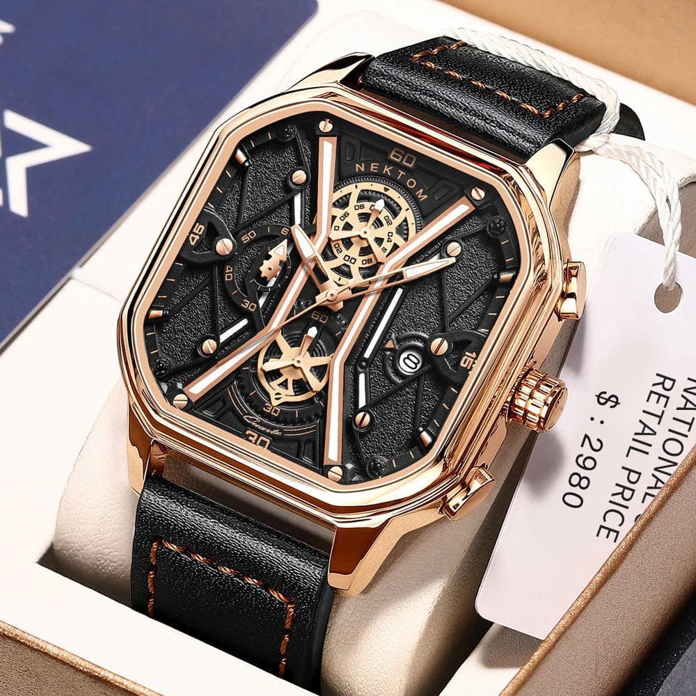 Nektom 8238 Leather Multifunctional Watch for Men - Gold