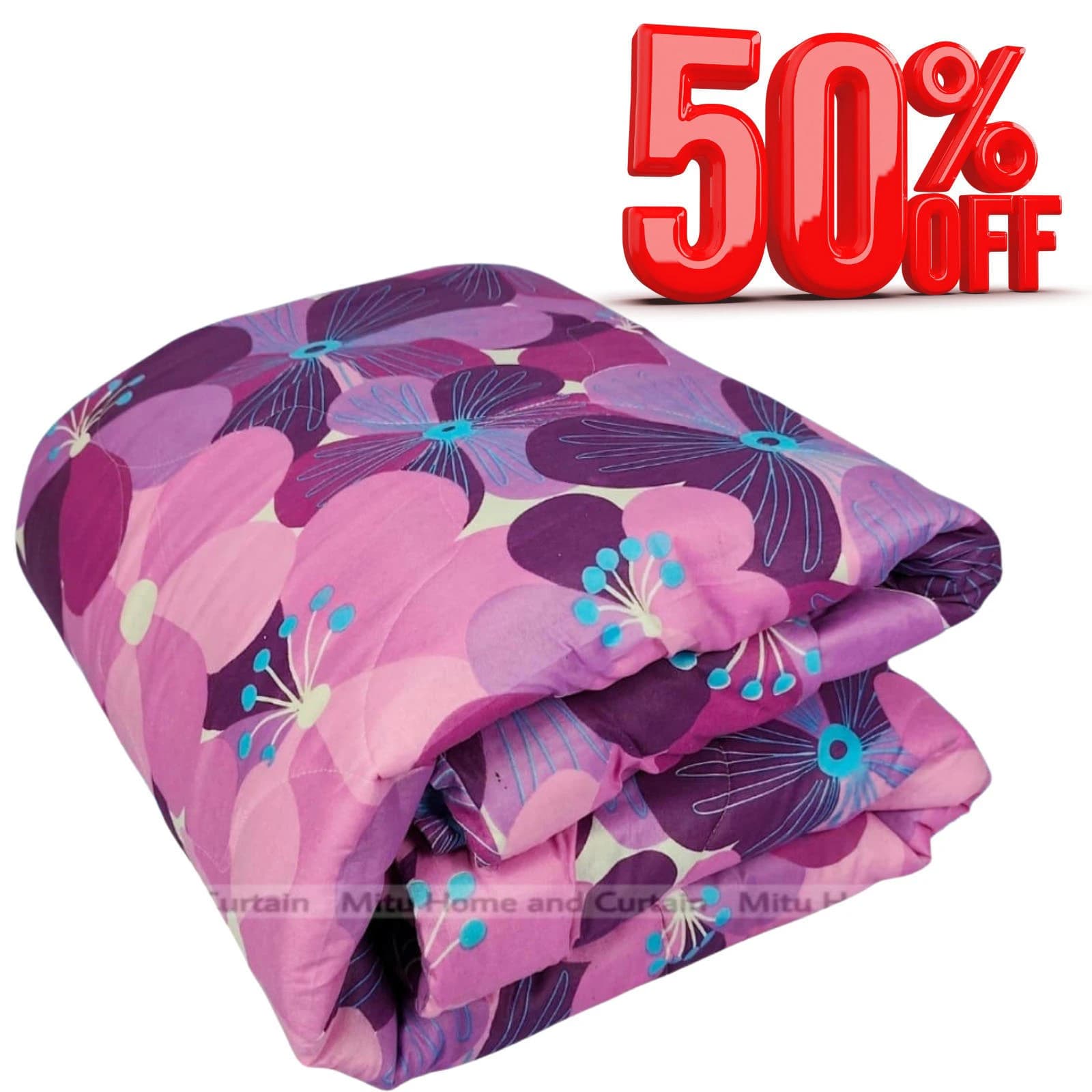 Economic Semi-Double European Cube Style Winter Comforter, 60*84 in / 5*7 ft (Purple Flower)