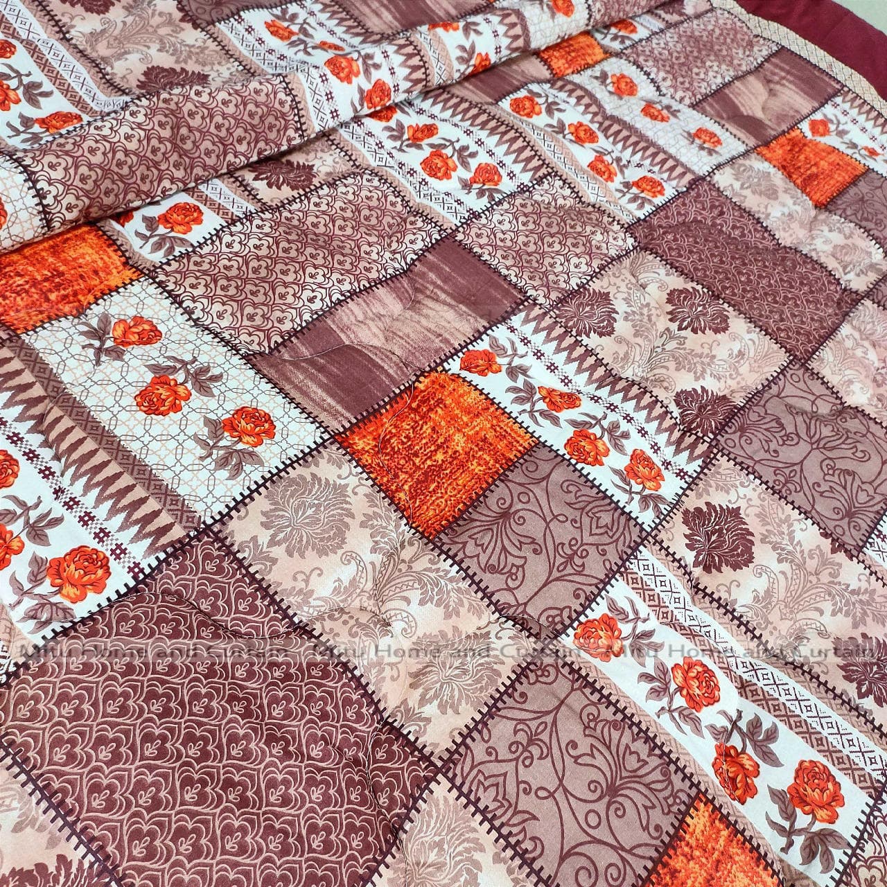 King Size Exclusive Cotton Fabric Winter Comforter with European Cube Design, 84*90 in / 7*7.5 ft (Brown Flower Art)