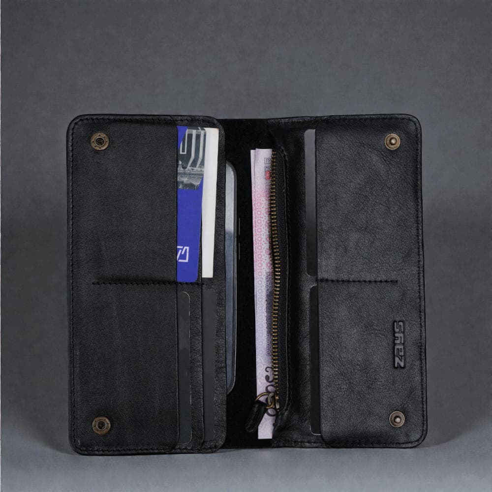 Zays Premium Genuine Leather Long Wallet for Unisex - Elegant Design Spacious Card and Mobile Slots - Durable Full Grain Leather (ZLW105-Black-II)