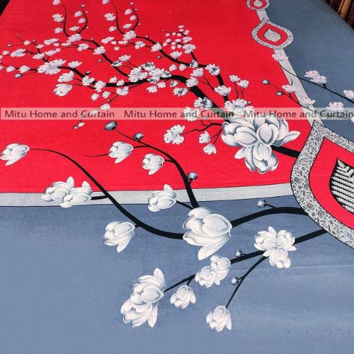 King Size Full Panel Cotton Bedsheet Set with Pillow Covers Chador Set (Red & Ash Leaf)