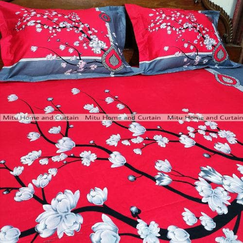 King Size Full Panel Cotton Bedsheet Set with Pillow Covers Chador Set (Red & Ash Leaf)