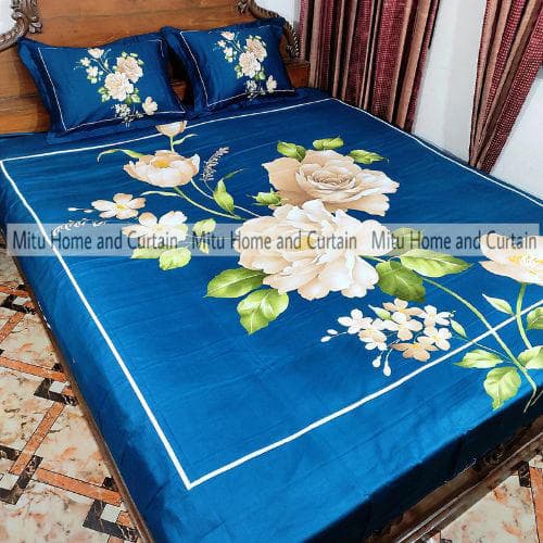 King Size Full Panel Cotton Bedsheet Set with Pillow Covers Chador Set (Deep Blue Flower)
