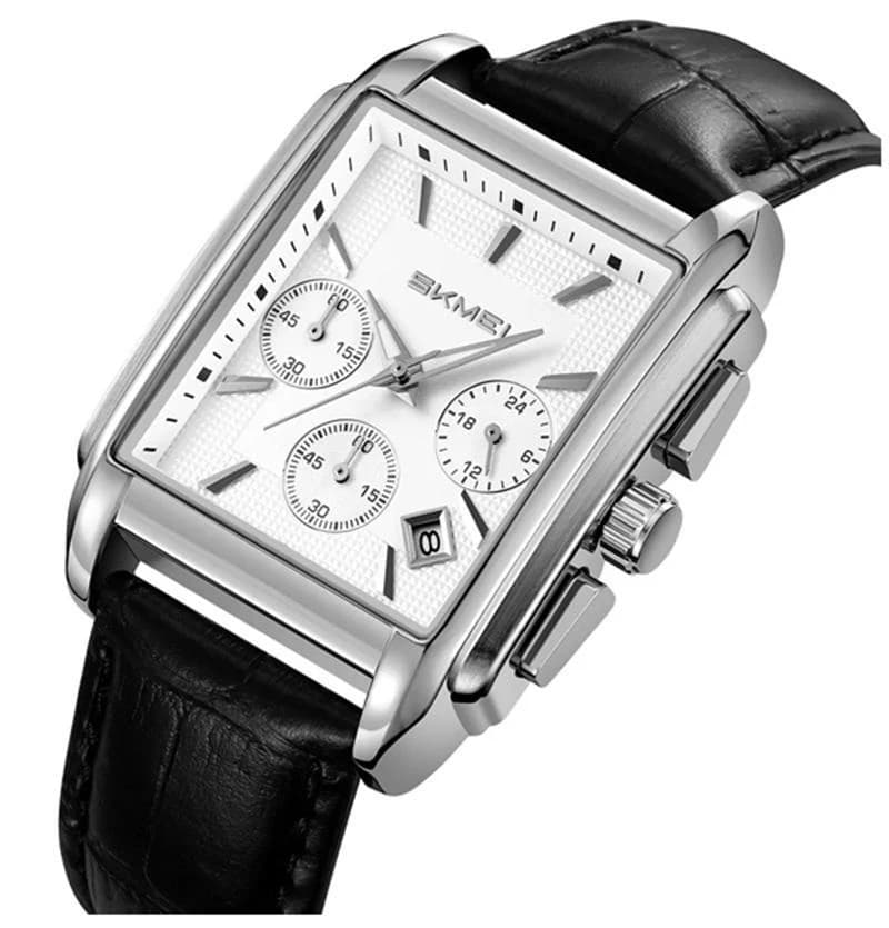 Skmei 2339 Square Dial Leather Strap Watch for Men-Silver & White