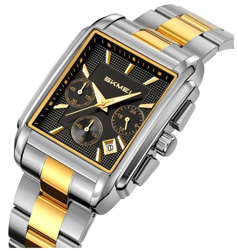 Skmei 2339 Golden Dial SS Strap Watch for Men-Silver & Black