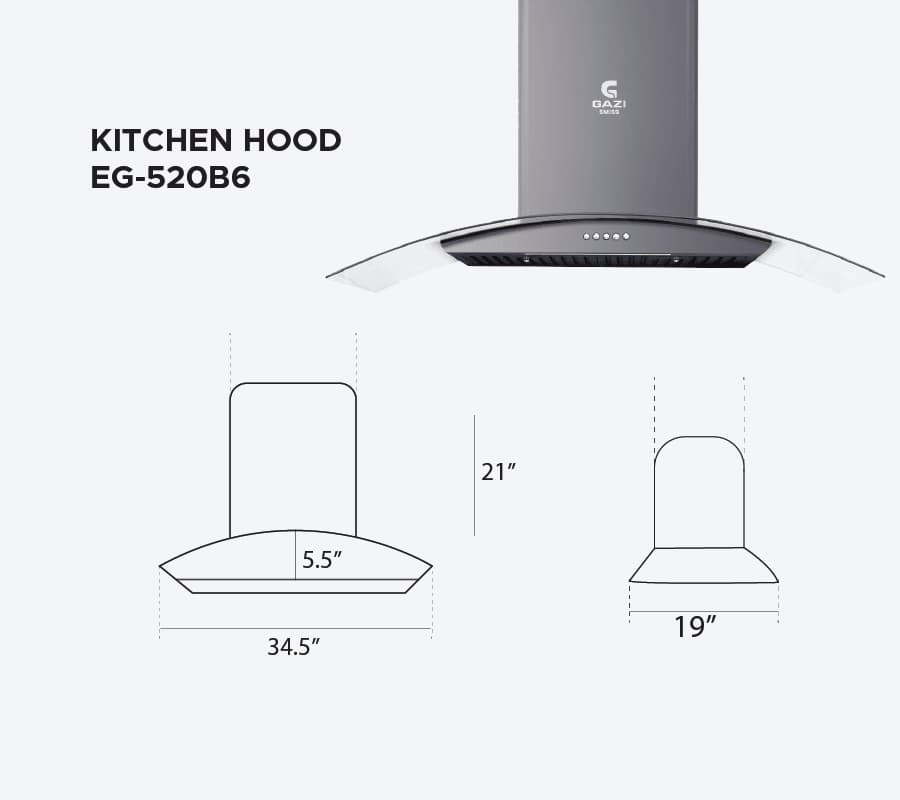 Gazi Smiss Kitchen Hood - EG-520B6 with 3 Speeds Push switch and top front glass 900mm