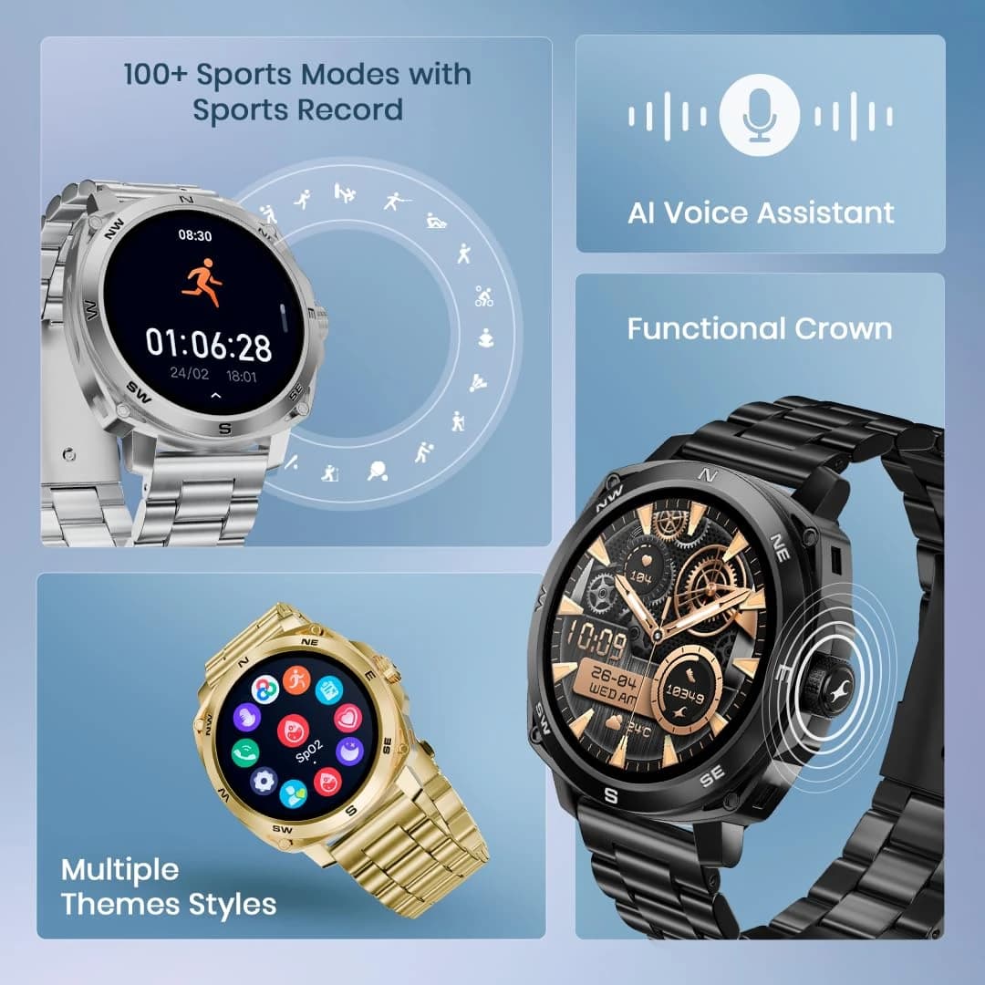 Fastrack Radiant FX3 Smart Watch, 3.63 CM AMOLED Display, Functional Crown, AOD & DND Mode, SingleSync BT Calling, AI Voice Assistant, 100+ Sports & Smartwatch Faces
