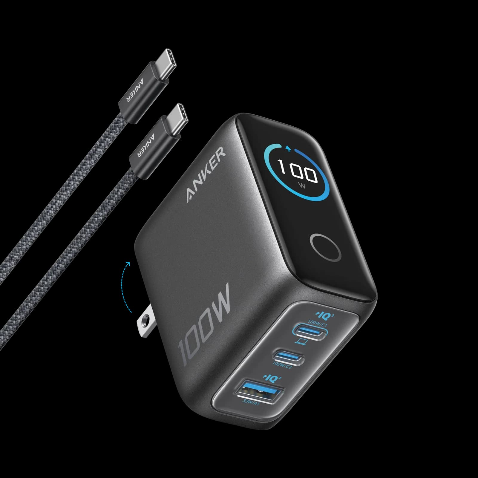 Anker 100W 3-Port Charger with Smart Display and Type-C Cable