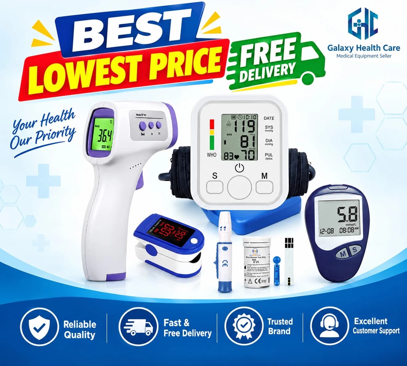 Oximetar and Thermometer and Blood Glucose Meters and Blood Pressure Monitor 4 in1 Health care Kits Home Office