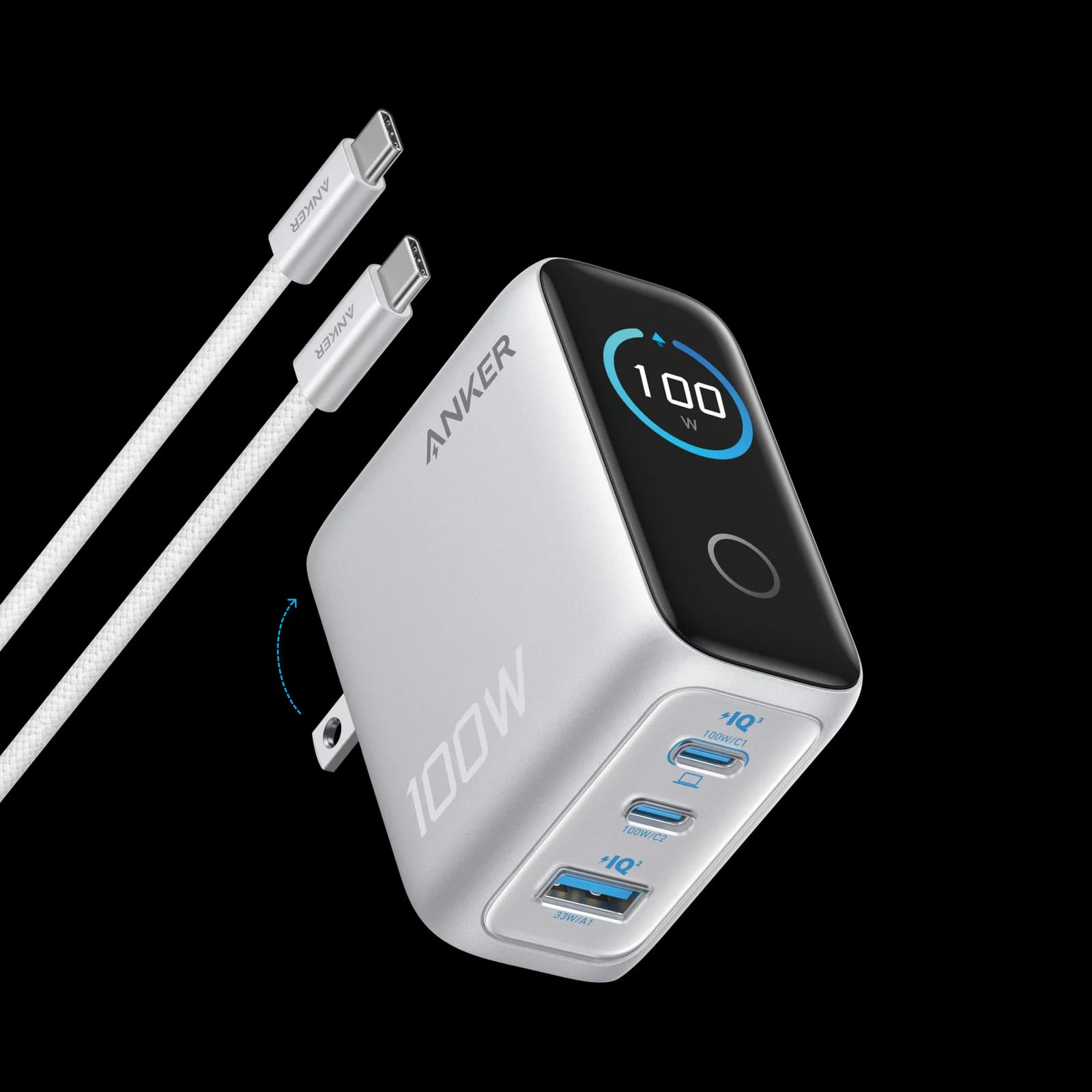 Anker 100W 3-Port Charger with Smart Display and Type-C Cable