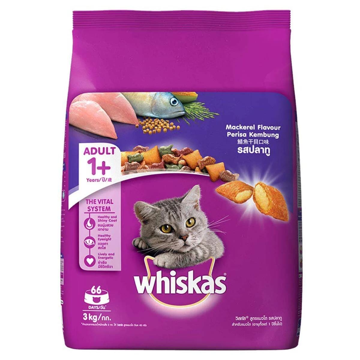 Whiskas Adult (+1 year) Dry Cat Food , Mackerel Flavor, 3kg Pack
