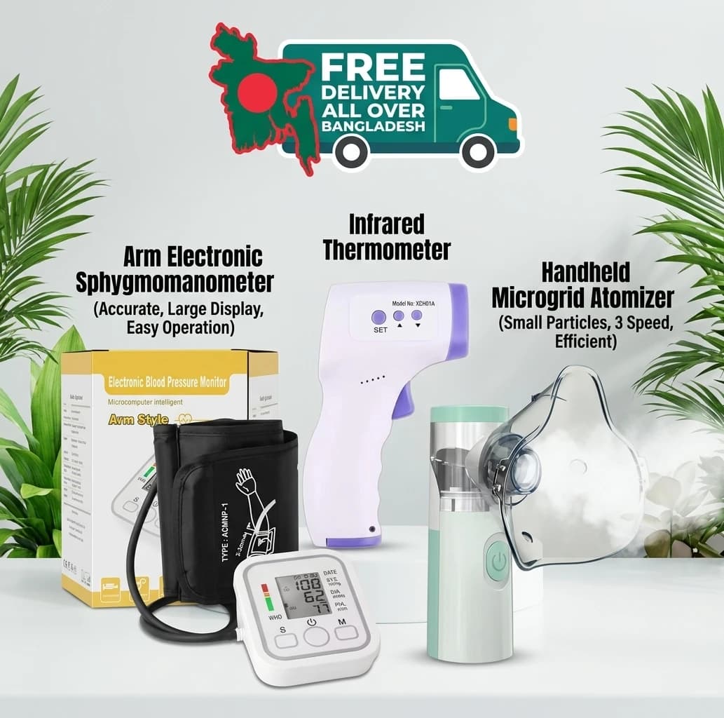 3-in-1 Ultimate Family Healthcare Diagnostic & Care Bundle (Blood Pressure Monitor+ Digital Forehead Thermometer+ Portable Mini Handheld Mesh Nebulizer)