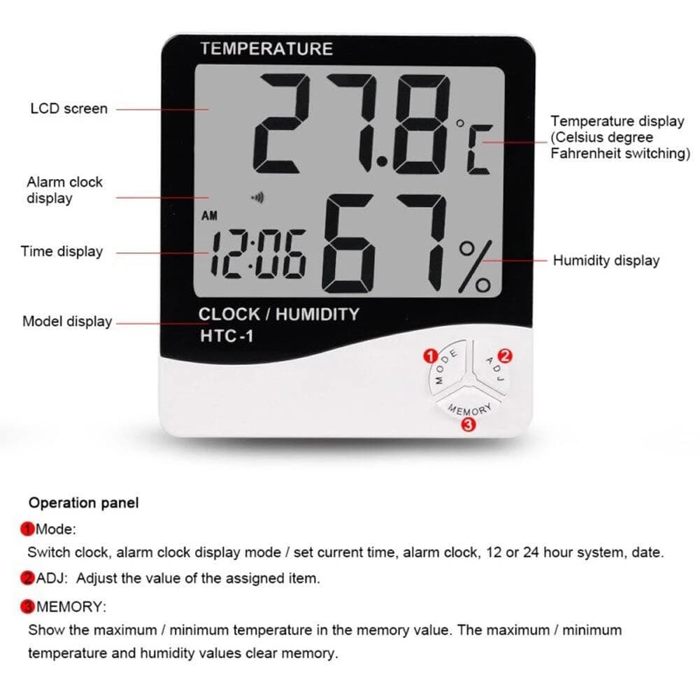 Indoor Room LCD Electronic Temperature Humidity Meter Digital Thermometer Hygrometer Weather Station Alarm Clock HTC-1