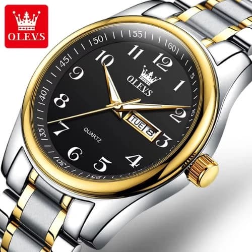 OLEVS 5567 Silver Stainless Steel Analog Watch For Men – Black Gold