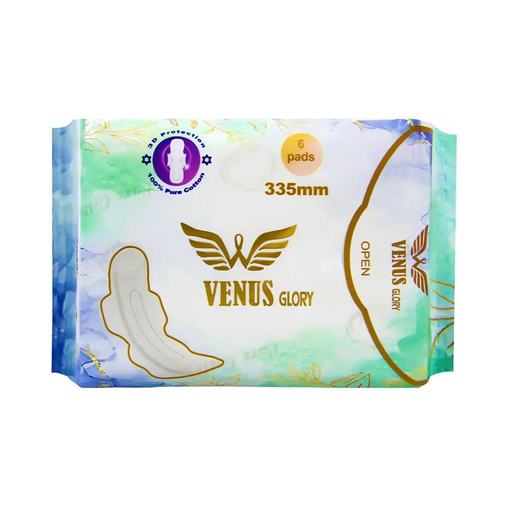Venus Glory Sanitary Napkin - 3D Wings System - Ultra thin - 335 MM - 100% Pure Cotton - Single Pack - 6 Pads