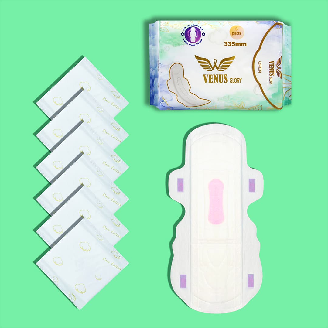Venus Glory Sanitary Napkin - 3D Wings System - Ultra thin - 335 MM - 100% Pure Cotton - Single Pack - 6 Pads