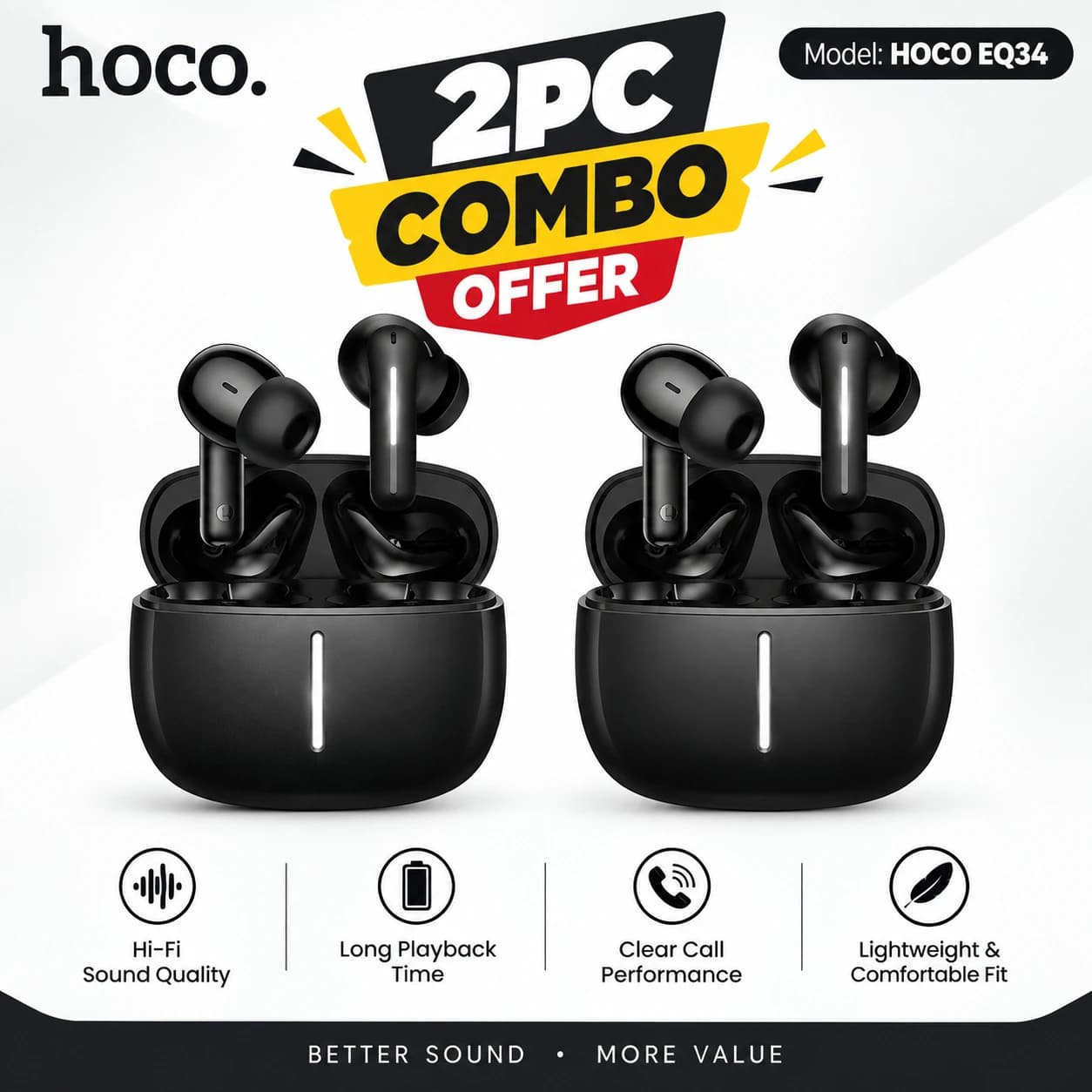 Hoco EQ34 Plus Bluetooth Earbuds – Twin Pack (2 Units)