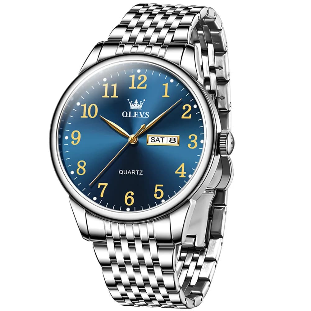 Olevs 5535 Stainless Steel Analog Wrist Watch For Men- Silver Blue