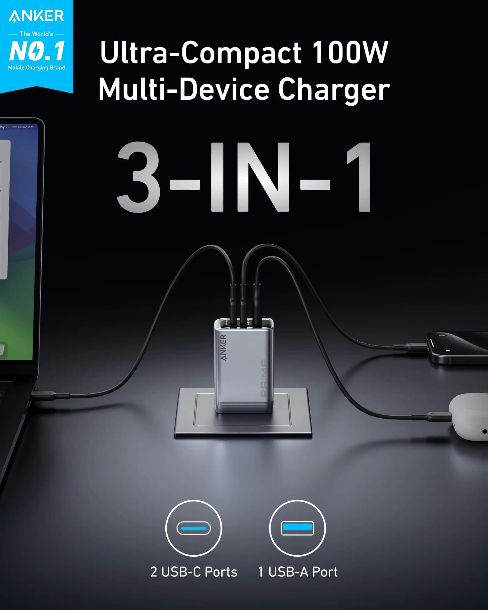 Anker Prime 100W 3-Port Charger for MacBook, Laptop, iPhone, iPad, Samsung Galaxy & More