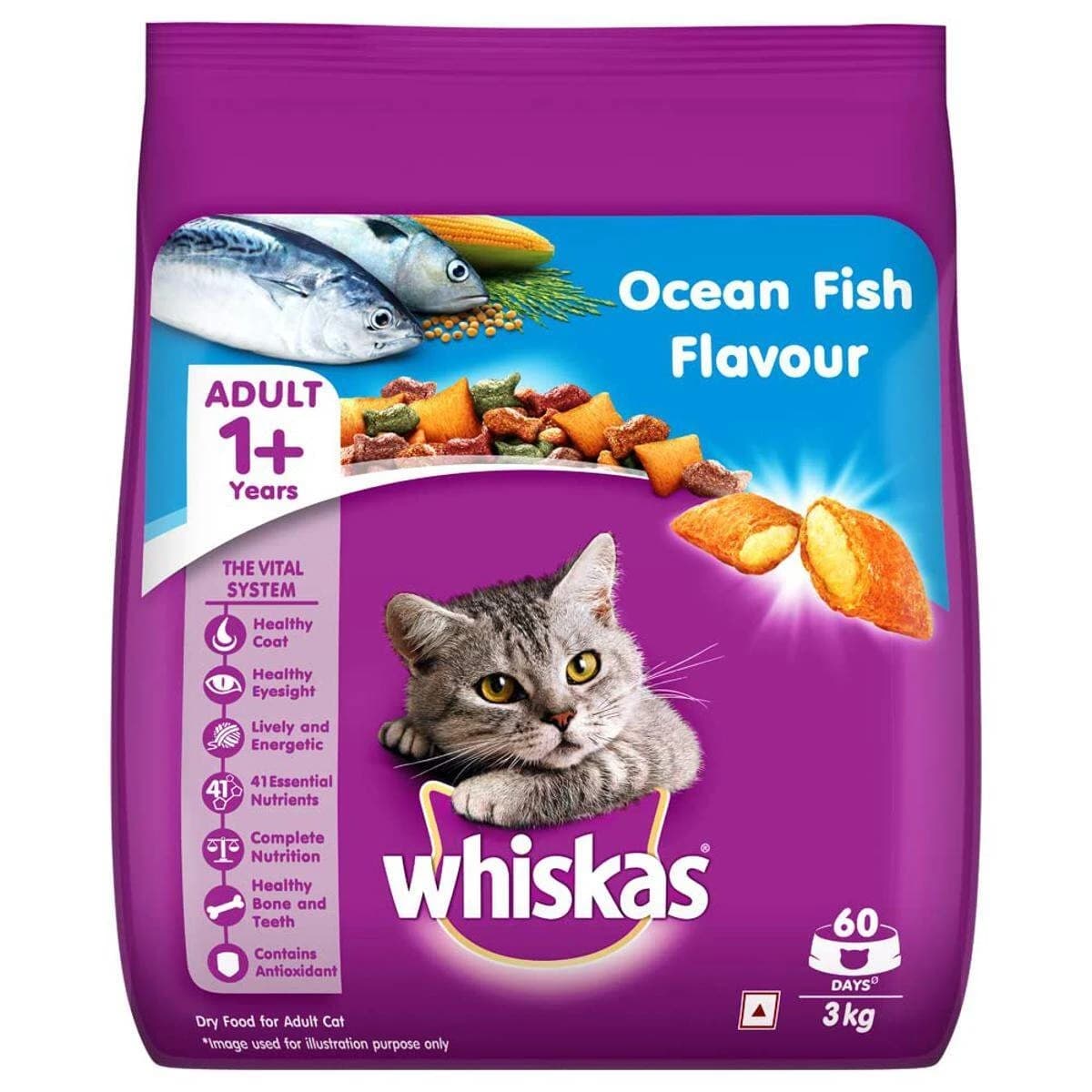 Whiskas Adult (1+ Year) Dry Cat Food, Ocean Fish Flavor-3kg Pack