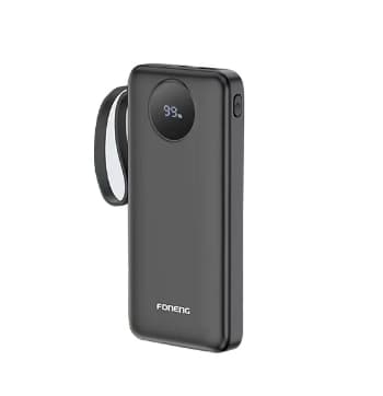 Foneng (PX106) 10000mah 22.5w Fast Charging Portable Power Bank with Built-In 3 Cables- Black