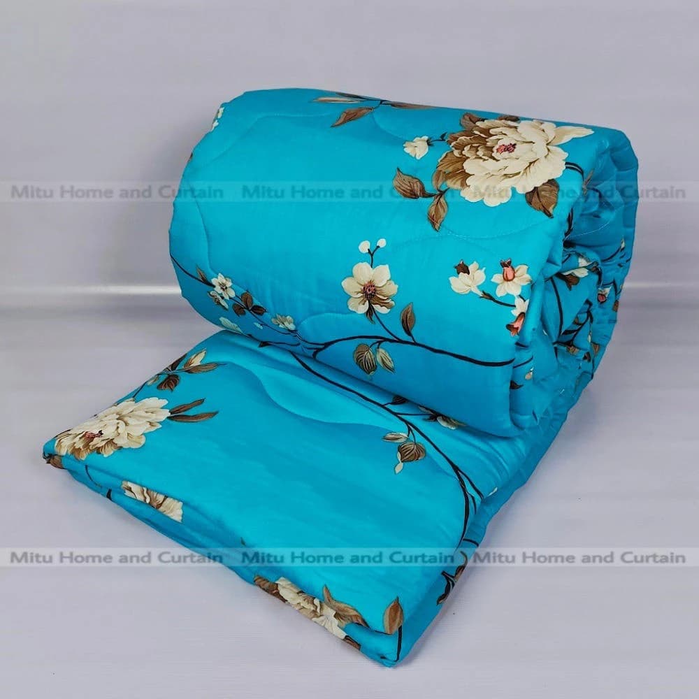 King Size Premium Cube Design Twill Cotton Fabric Winter Comforter, 7*7.5 ft / 84*90 in (Blue Flower)