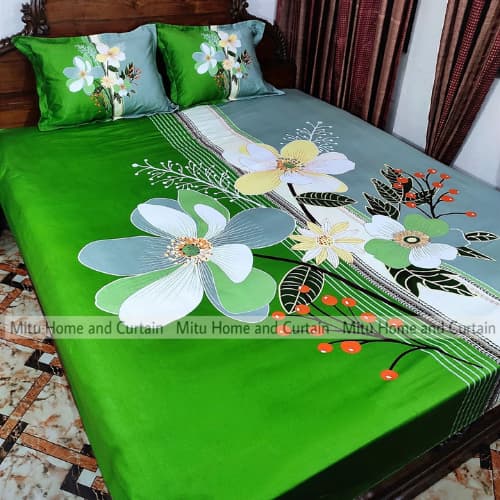 King Size Full Panel Cotton Bedsheet Set with Pillow Covers Chador Set (Green Shed Flower)