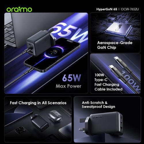 Oraimo HyperGaN 65 65W GaN Wall Charger Kit with 100W CC Cable (OCW-7652E+116CC) - Black