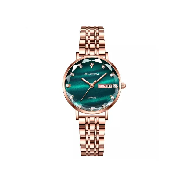 Picture of CUENA 6002 Luxury Women Wrist Watches Top Brand Date Rhinestone Bracelet Watches Relogio Feminino- Rose Gold & Green