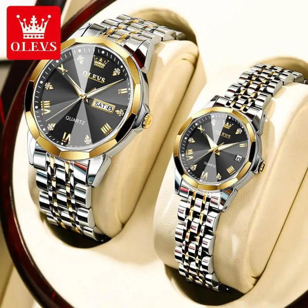 Picture of OLEVS 9931 Trendy Korean Style Luminous Calendar with Individual Gift Box Couple Watch- Silver Gold & Black