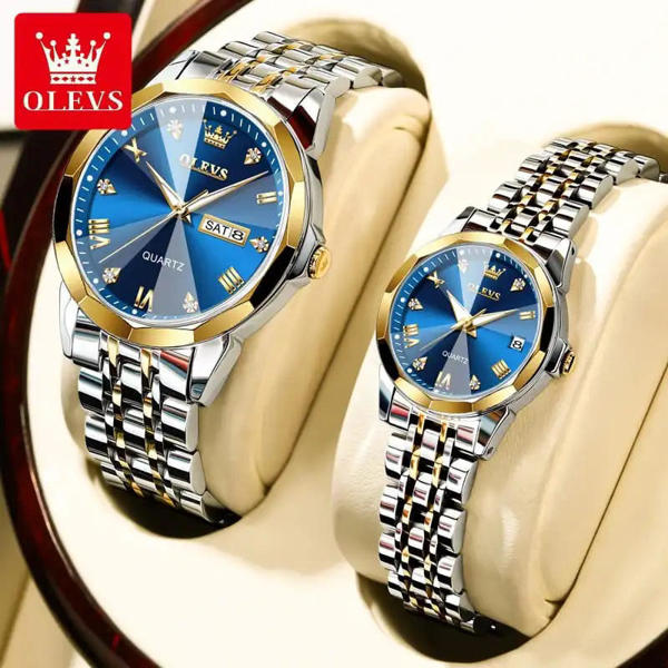 Picture of OLEVS 9931 Trendy Korean Style Luminous Calendar with Individual Gift Box Couple Watch- Silver Gold & Blue