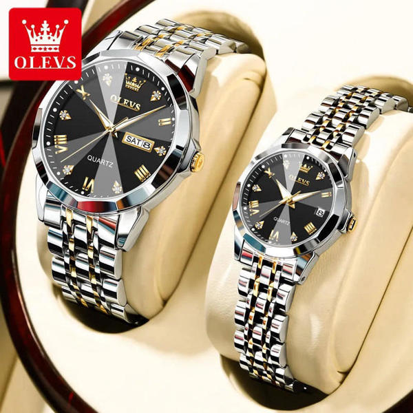 Picture of OLEVS 9931 Trendy Korean Style Luminous Calendar with Individual Gift Box Couple Watch- Silver Black
