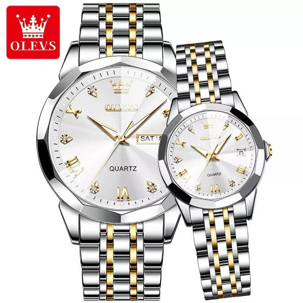 Picture of OLEVS 9931 Trendy Korean Style Luminous Calendar with Individual Gift Box Couple Watch- Silver Gold