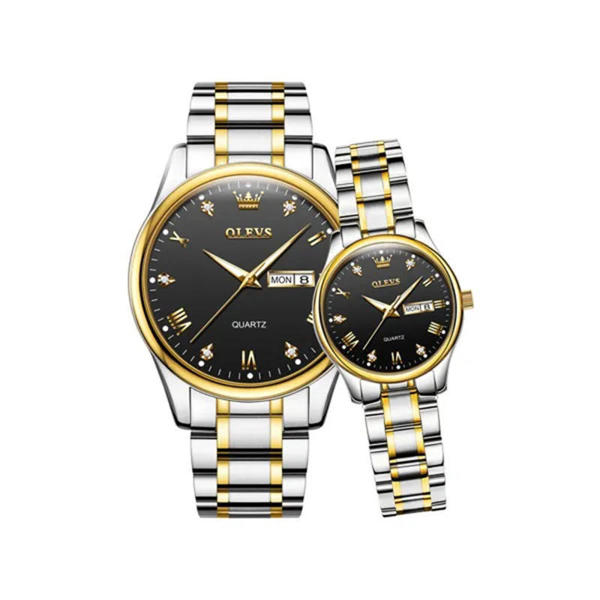 Picture of Olevs 5563 Fancy stainless steel Luxury Business Quartz Couple Wrist Watch- Silver Gold & Black