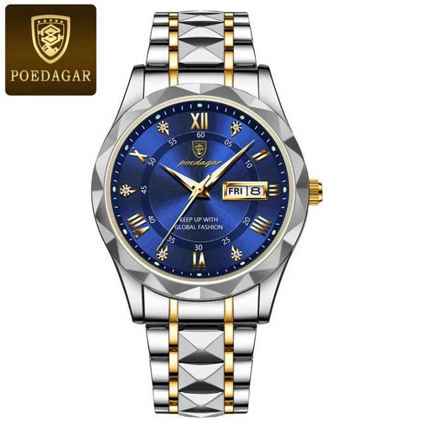 Picture of POEDAGAR 615 New Luxury Fashion Luminous Date Week Quartz Men's Watch - Gold Blue