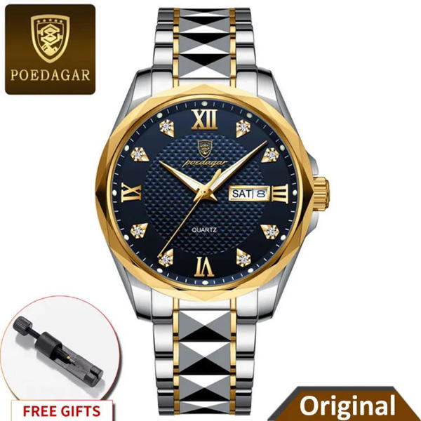 Picture of Poedagar 998 Two-Tone Stainless Steel Waterproof Men’s Watch - Silver Gold & Blue