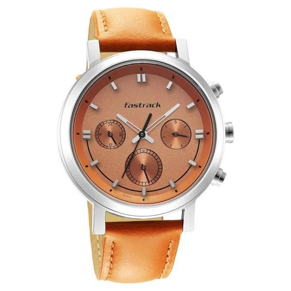 Picture of Fastrack 3287SL02 Tick Tock Multifunction Orange Dial Leather Watch for Guys