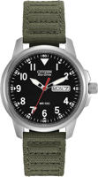 Picture of Citizen Men's Eco-Drive Weekender Garrison Field Watch in Stainless Steel with Olive Nylon strap, Black Dial (Model: BM8180-03E)