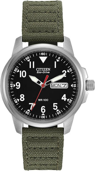 Picture of Citizen Men's Eco-Drive Weekender Garrison Field Watch in Stainless Steel with Olive Nylon strap, Black Dial (Model: BM8180-03E)