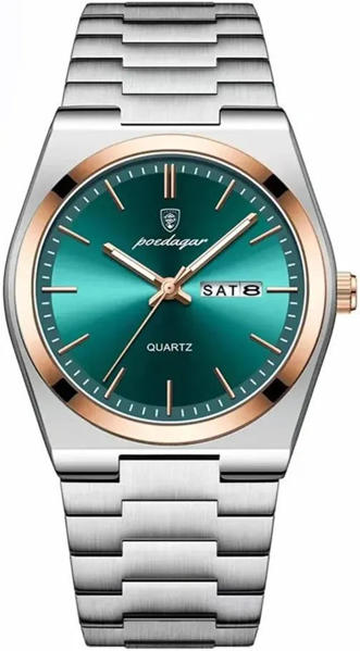 Picture of POEDAGAR 930 Business Luminous Stainless Steel Quartz Men’s Watch- Silver Green & Rose Gold