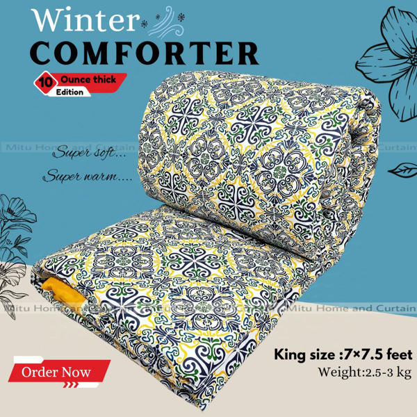 Picture of King Size Exclusive Cotton Fabric Winter Comforter with European Cube Design, 84*90 in / 7*7.5 ft (Yellow Pattern Art)