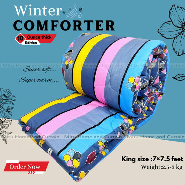 Picture of King Size Exclusive Cotton Fabric Winter Comforter with European Cube Design, 84*90 in / 7*7.5 ft (Blue Flower Art)