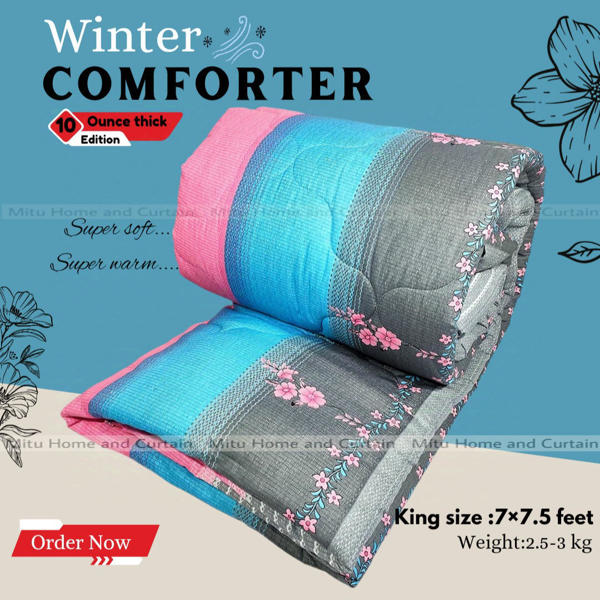 Picture of King Size Exclusive Cotton Fabric Winter Comforter with European Cube Design, 84*90 in / 7*7.5 ft (Blue Shade Art)