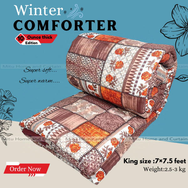 Picture of King Size Exclusive Cotton Fabric Winter Comforter with European Cube Design, 84*90 in / 7*7.5 ft (Brown Flower Art)
