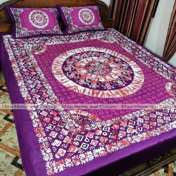 Picture of King Size Full Panel Cotton Bedsheet Set with Pillow Covers Chador Set (Purple Art)
