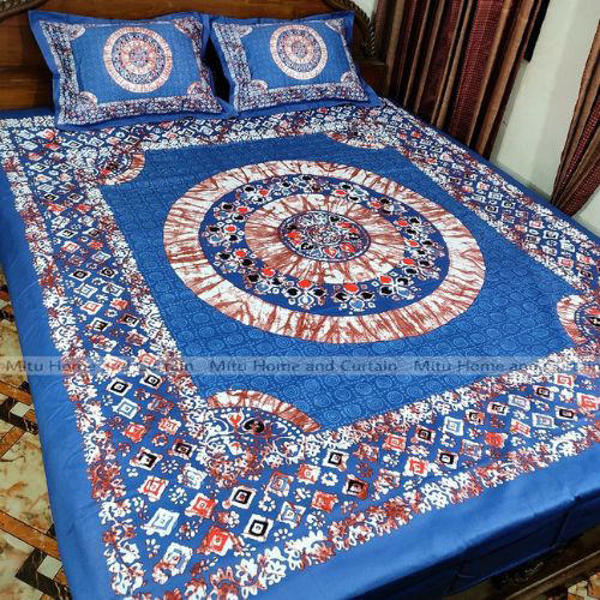 Picture of King Size Full Panel Cotton Bedsheet Set with Pillow Covers Chador Set (Sky Blue Panel Art)