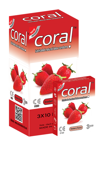 Picture of Coral Strawberry Flavors Lubricated Natural Latex Condoms Full Box (30 Pcs)